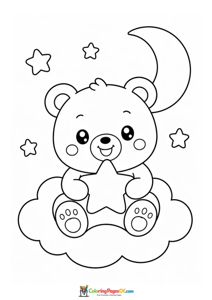 Kawaii Teddy Bear on a Cloud with a Star coloring page