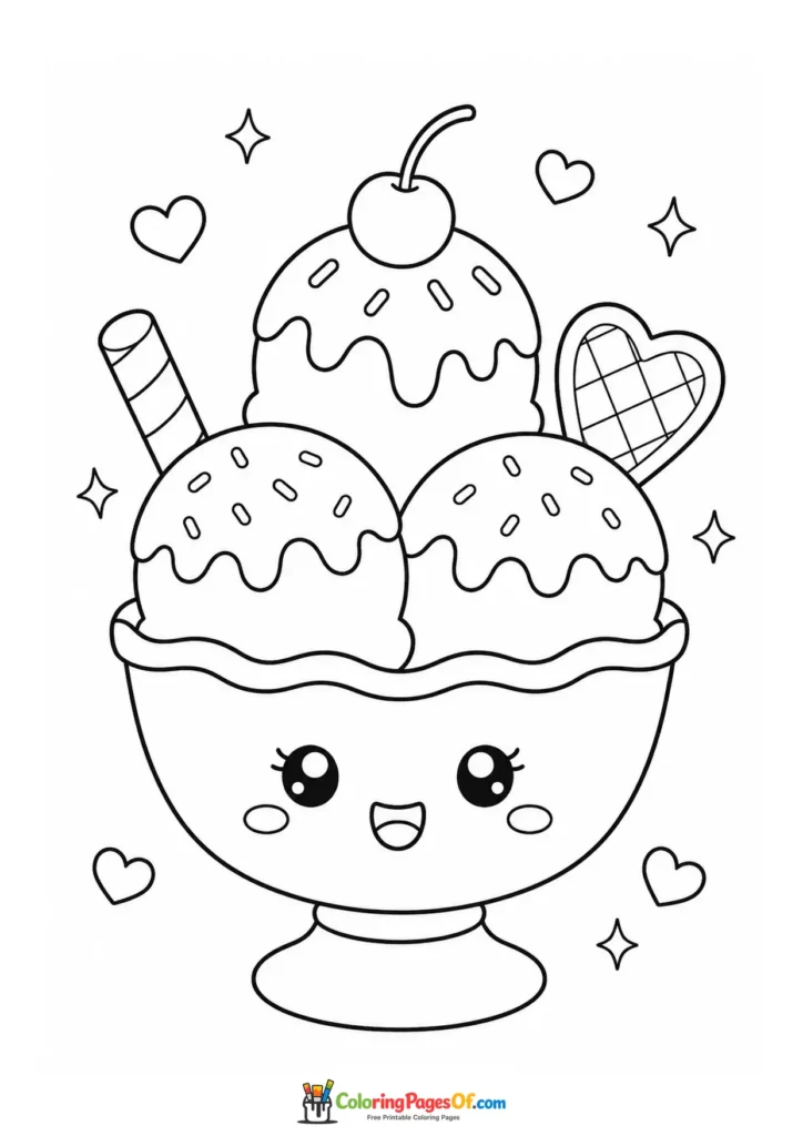 Kawaii Three-Scoop Ice Cream Sundae coloring page