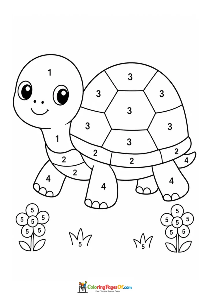 Kawaii Turtle in a Flower Meadow Color by Number printable activity for kids
