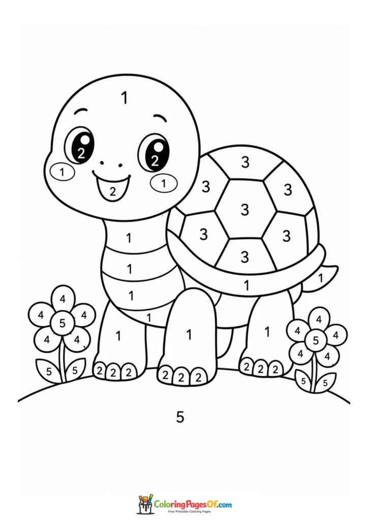 Kawaii Turtle in a Flower Meadow Color by Number printable activity for kids