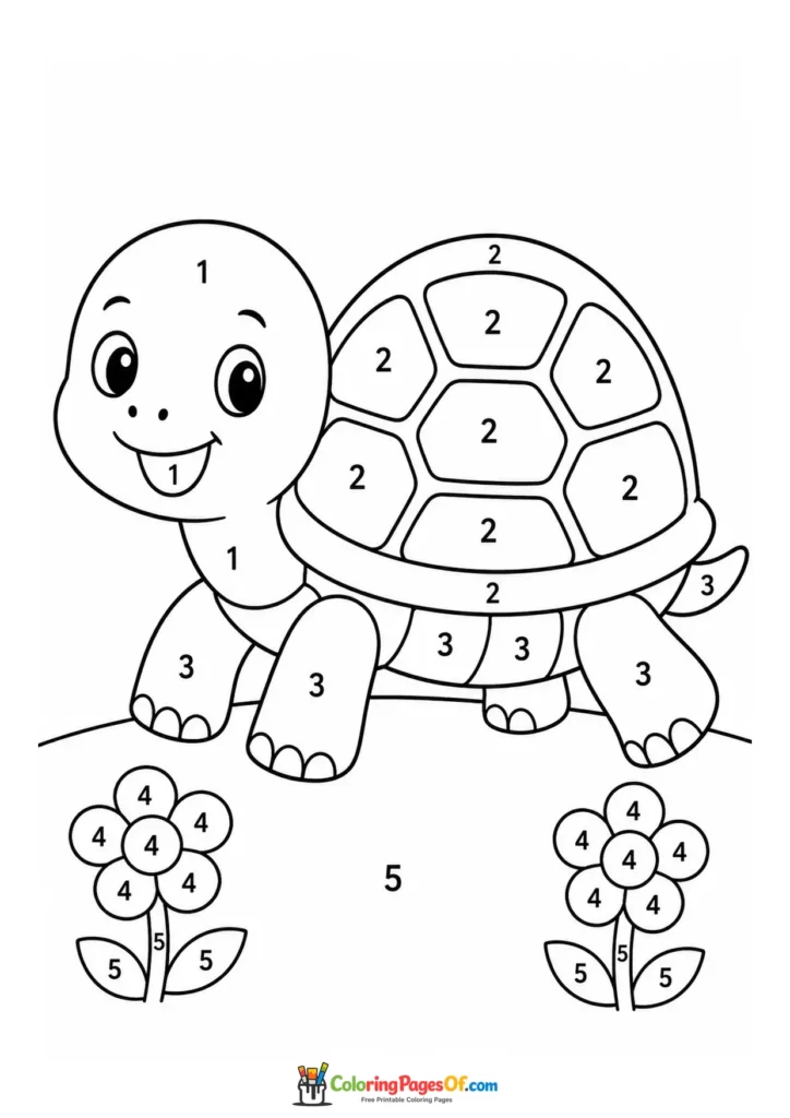 Kawaii Turtle in a Flower Meadow Color by Number printable activity for kids