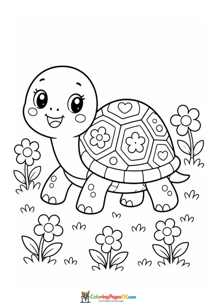 Kawaii Turtle in a Flower Meadow coloring page