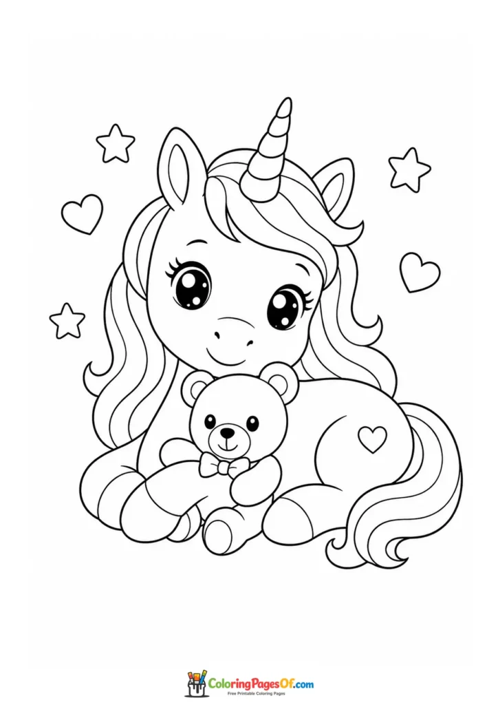 Kawaii Unicorn Hugging a Teddy Bear coloring page