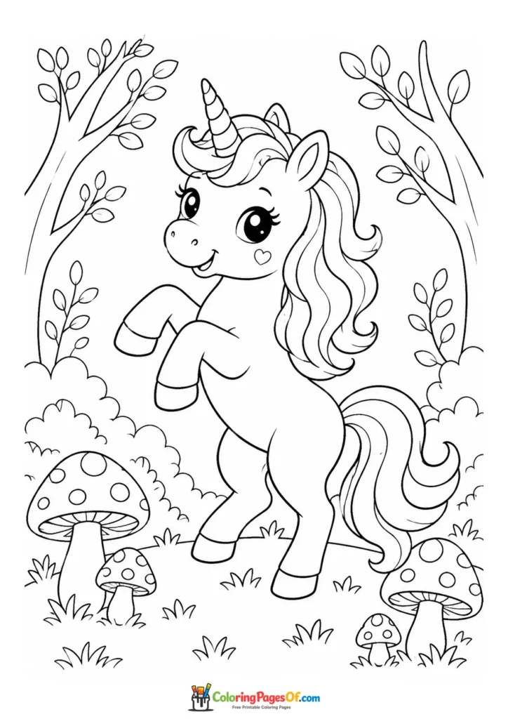 Kawaii Unicorn in an Enchanted Forest coloring page
