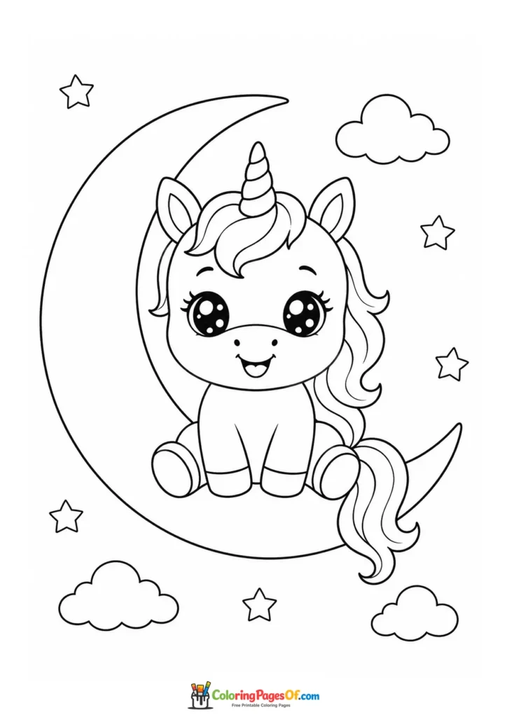 Kawaii Unicorn on a Crescent Moon coloring page