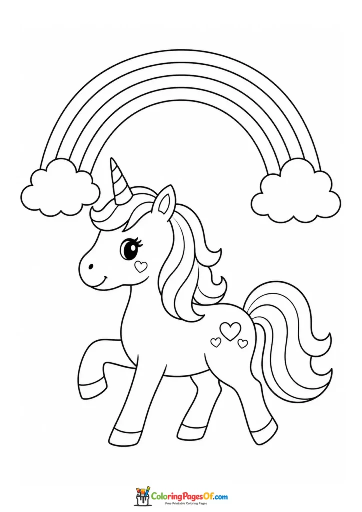 Kawaii Unicorn under a Rainbow coloring page