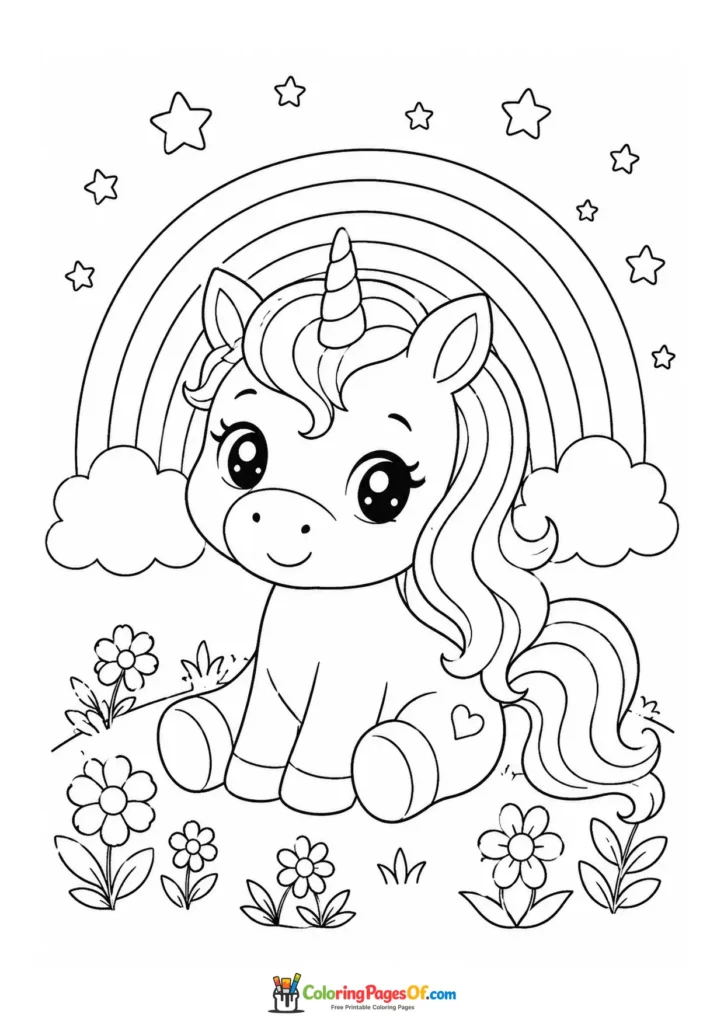 Kawaii Unicorn under a Rainbow in a Flower Meadow coloring page