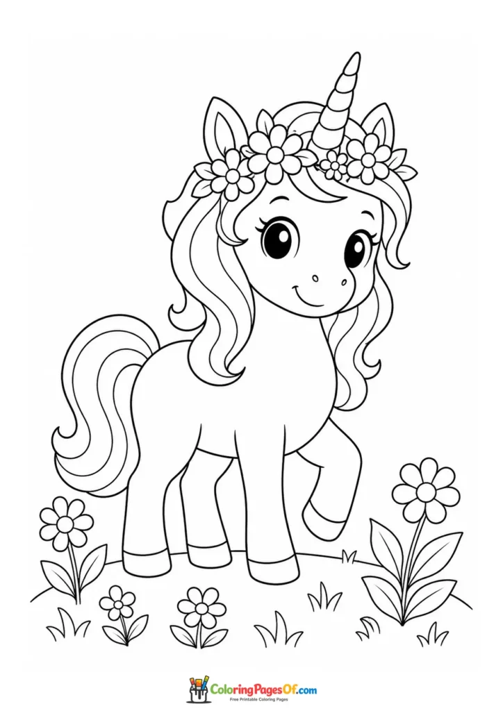 Kawaii Unicorn with a Flower Crown coloring page