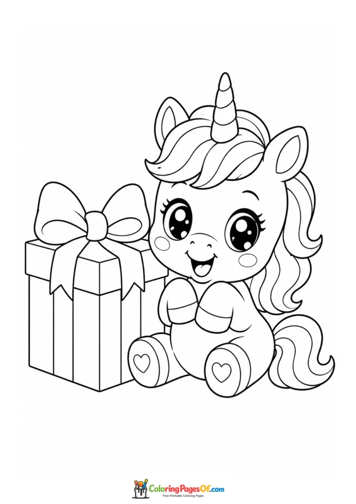 Kawaii Unicorn with a Gift coloring page