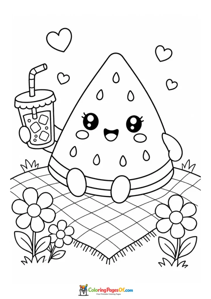Kawaii Watermelon on a Picnic Blanket coloring page