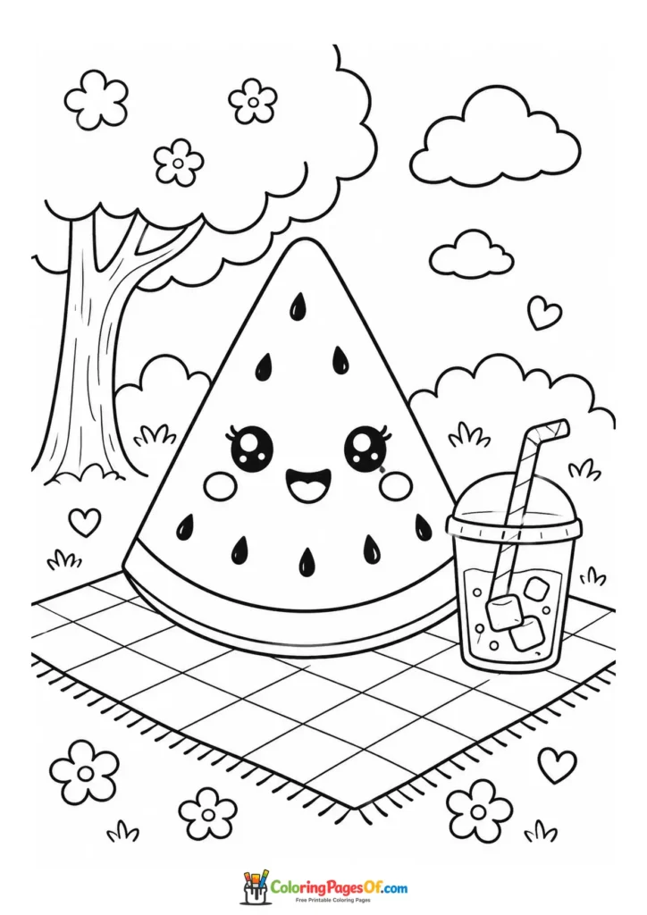 Kawaii Watermelon Summer Picnic coloring page
