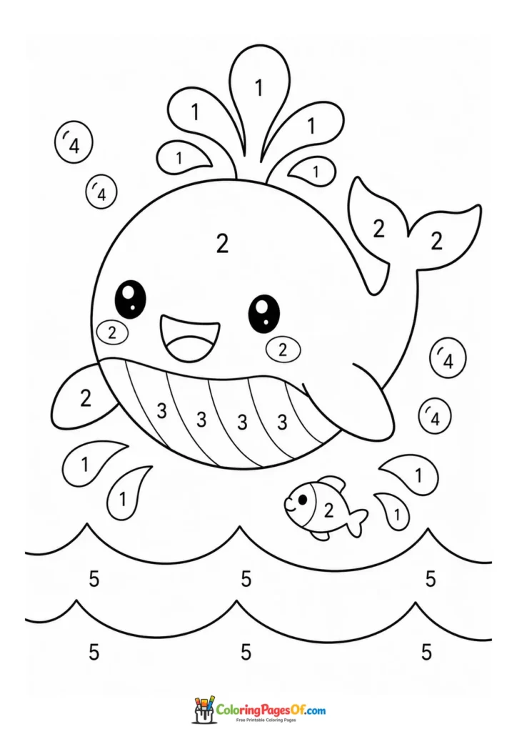 Kawaii Whale and Fish Color by Number printable activity for kids