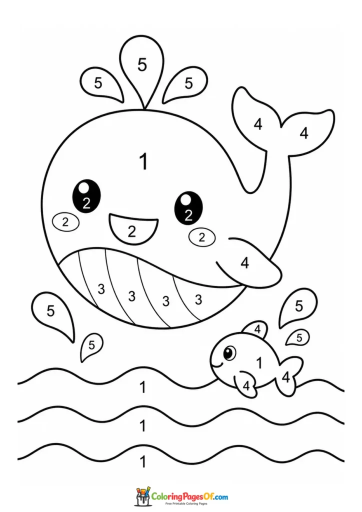 Kawaii Whale and Fish Color by Number printable activity for kids