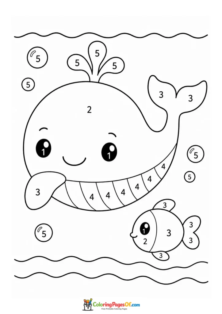 Kawaii Whale and Fish Color by Number printable activity for kids