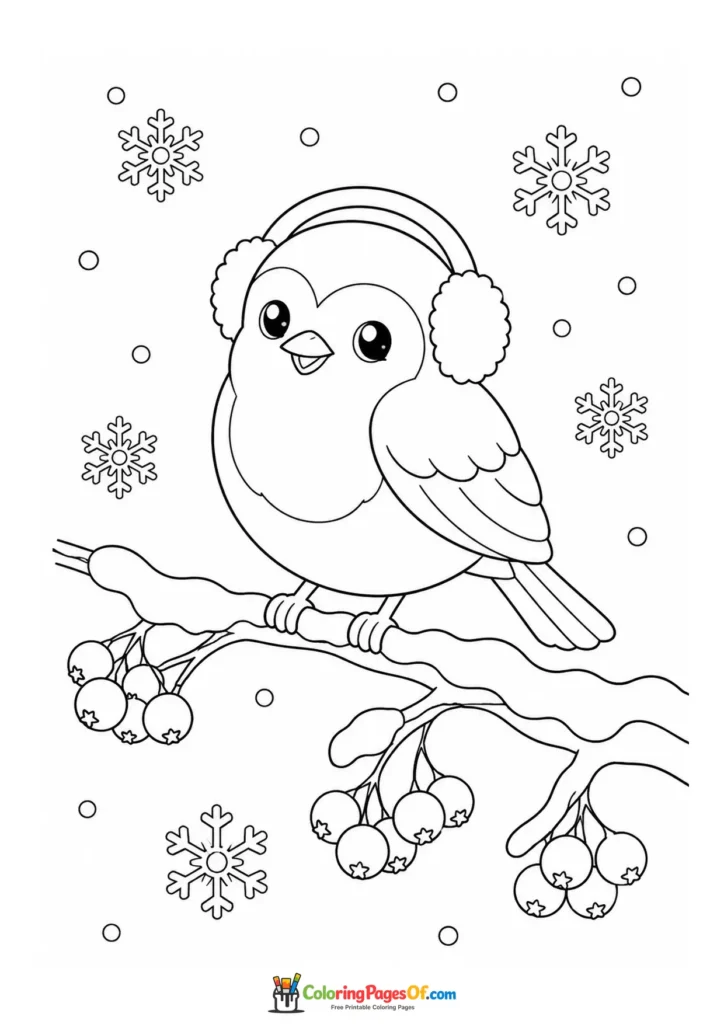 Kawaii Winter Bird on a Berry Branch coloring page