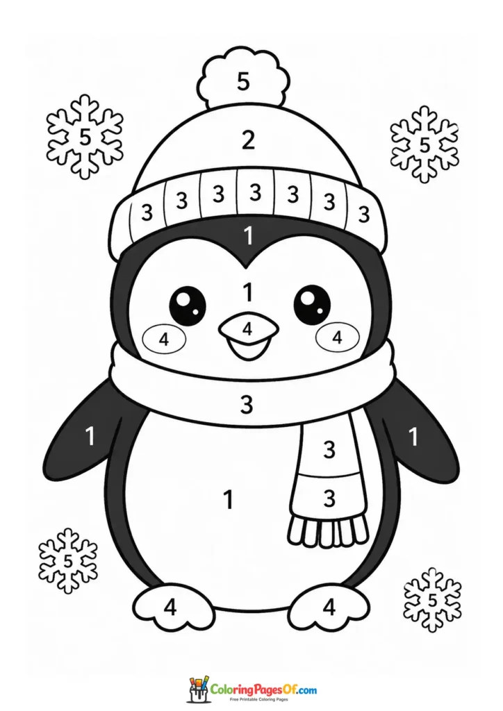 Kawaii Winter Penguin Color by Number printable activity for kids