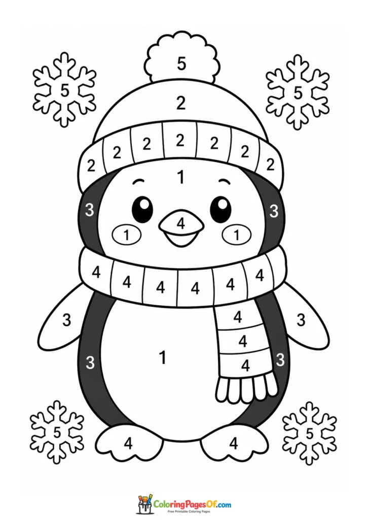 Kawaii Winter Penguin Color by Number printable activity for kids