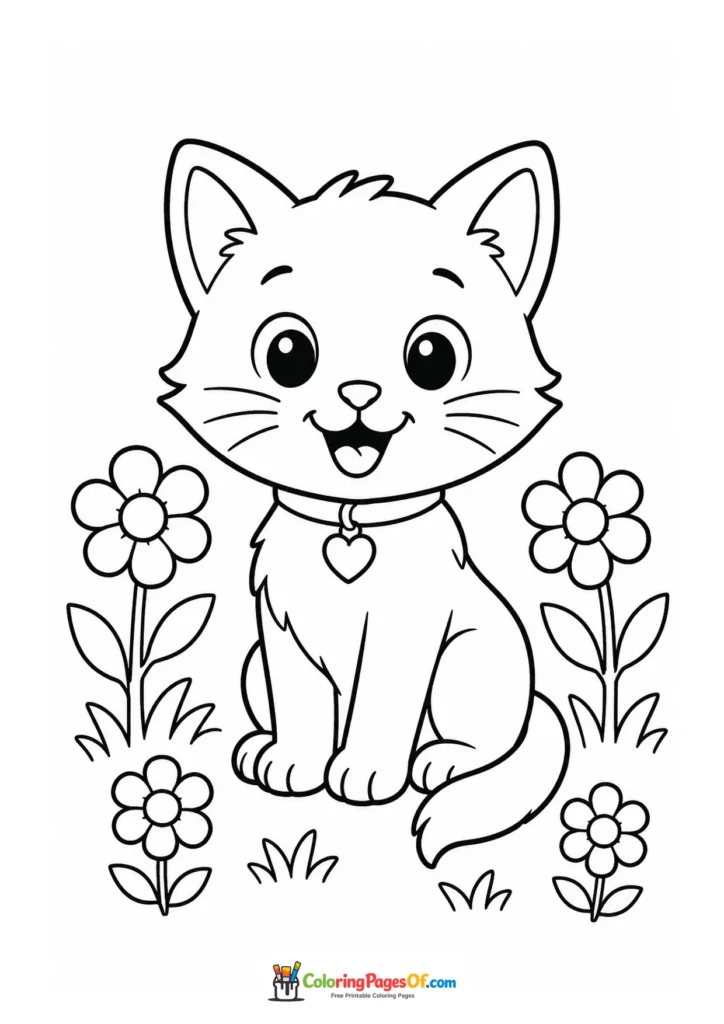 Kitten among flowers – printable black and white coloring page