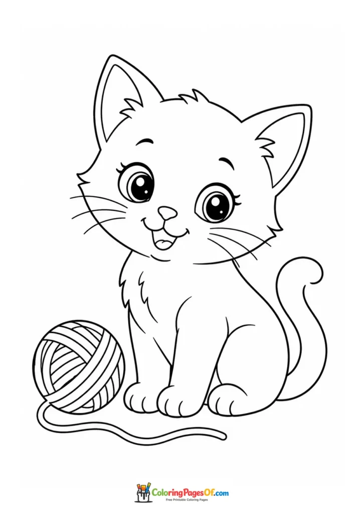 Kitten beside a ball of yarn – printable black and white coloring page