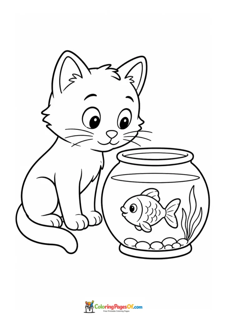Kitten beside a goldfish bowl – printable black and white coloring page