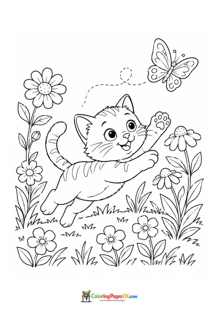 Kitten chasing a butterfly in a flower meadow – printable black and white coloring page