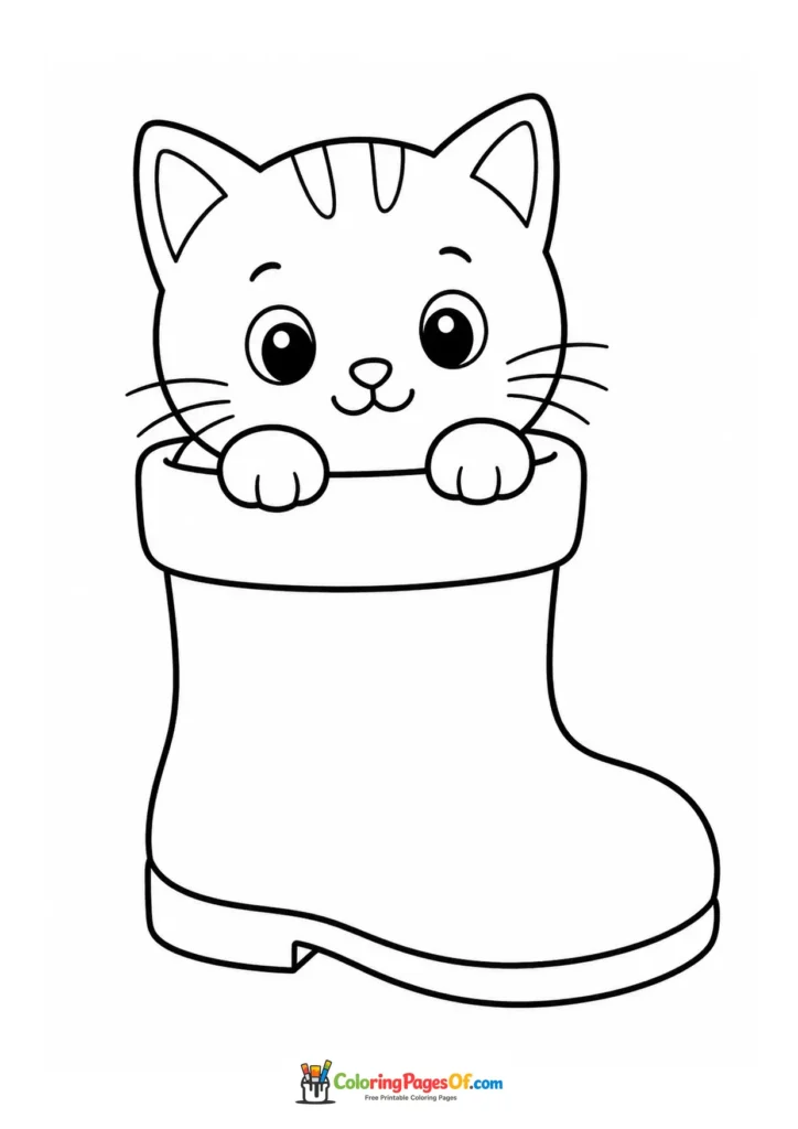 Kitten in a boot – printable black and white coloring page