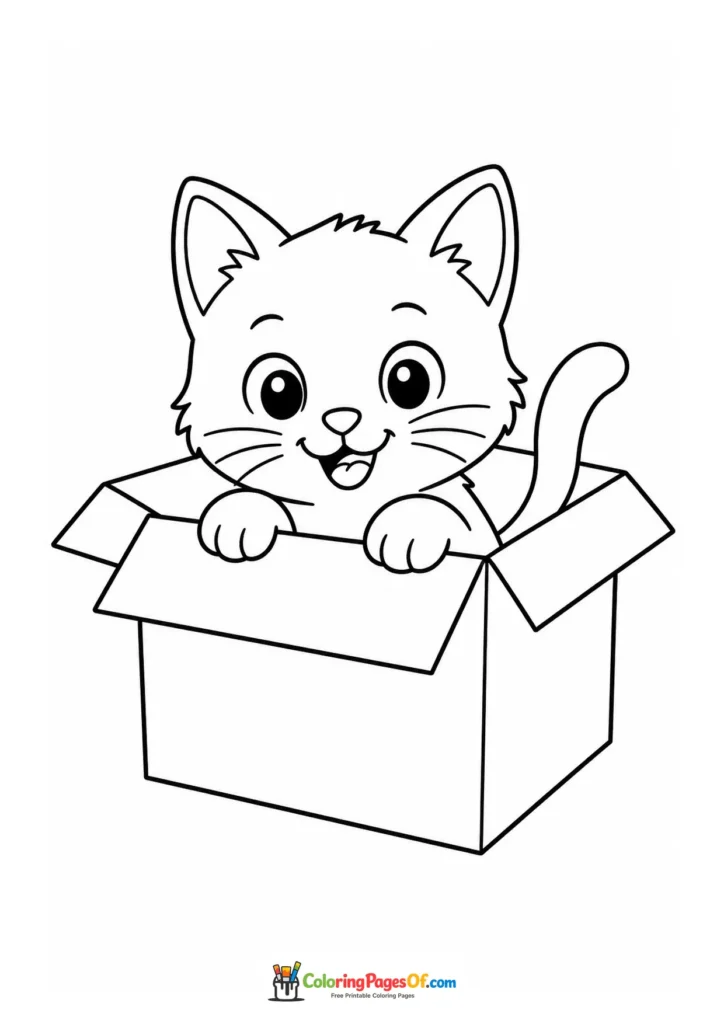 Kitten in a cardboard box – printable black and white coloring page
