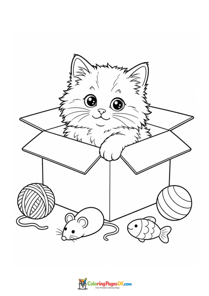 Kitten in a cardboard box with toys – printable black and white coloring page