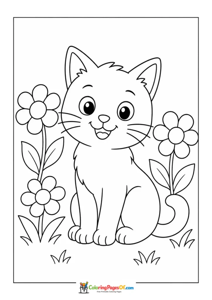 Kitten in a flower garden – printable black and white coloring page