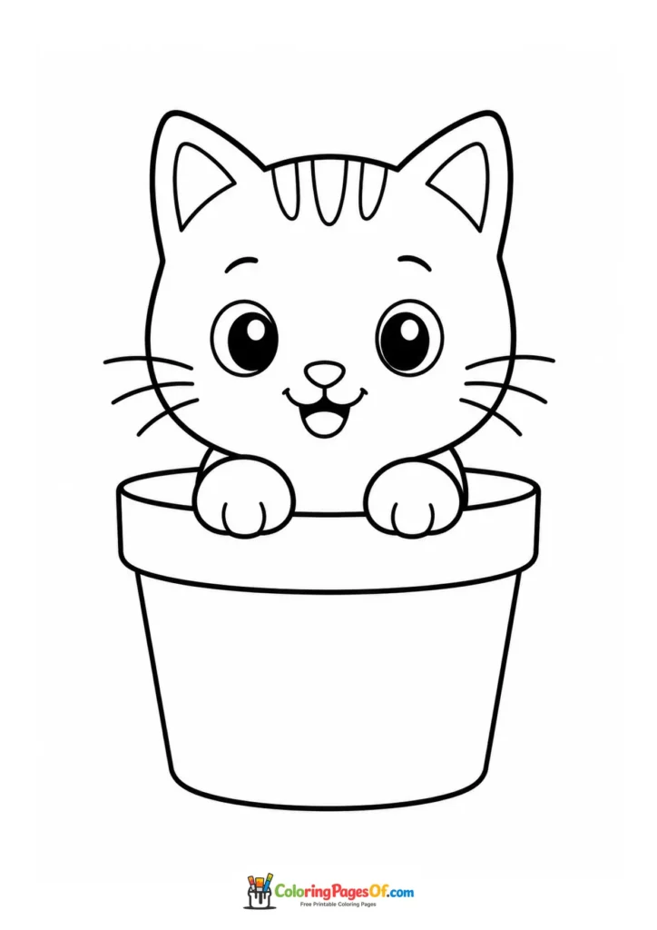 Kitten in a flower pot – printable black and white coloring page