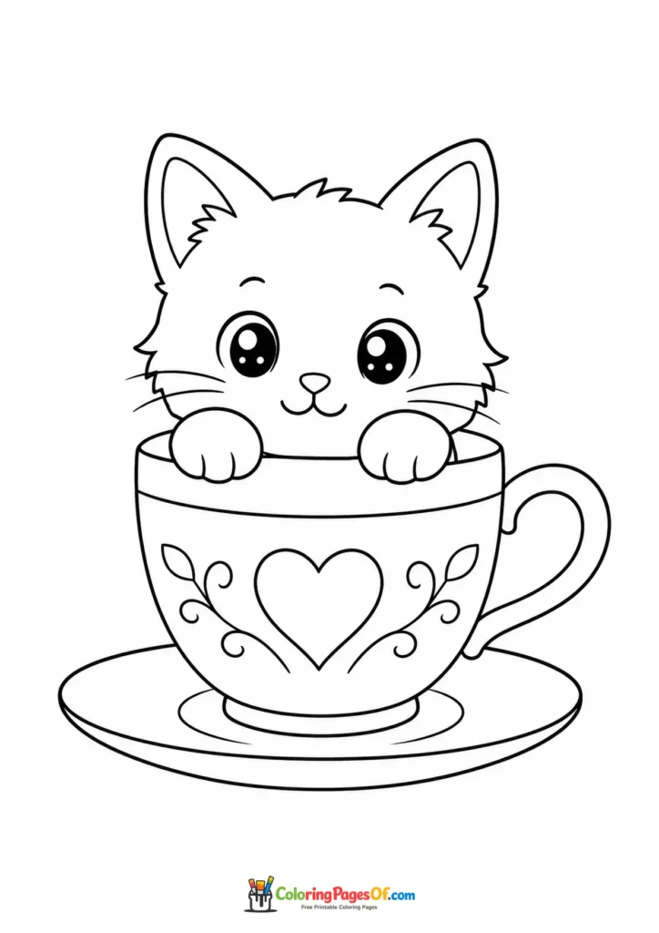 Kitten in a heart teacup – printable black and white coloring page
