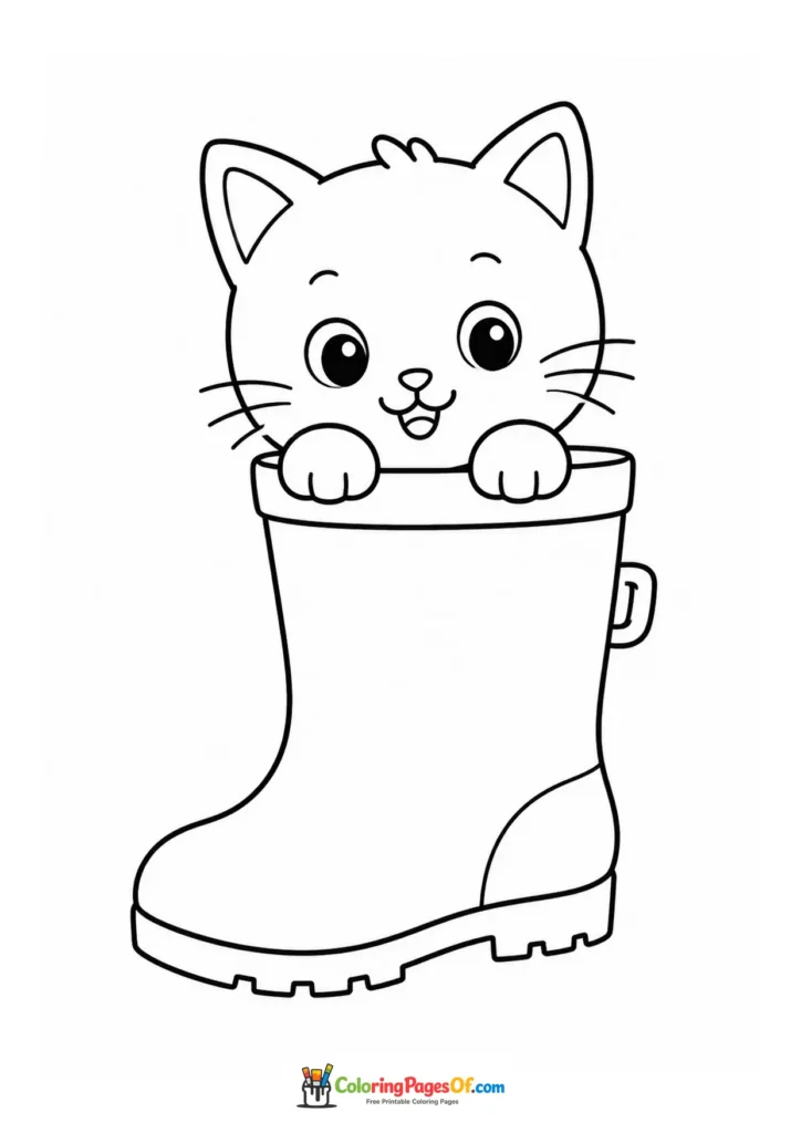Kitten in a rain boot – printable black and white coloring page