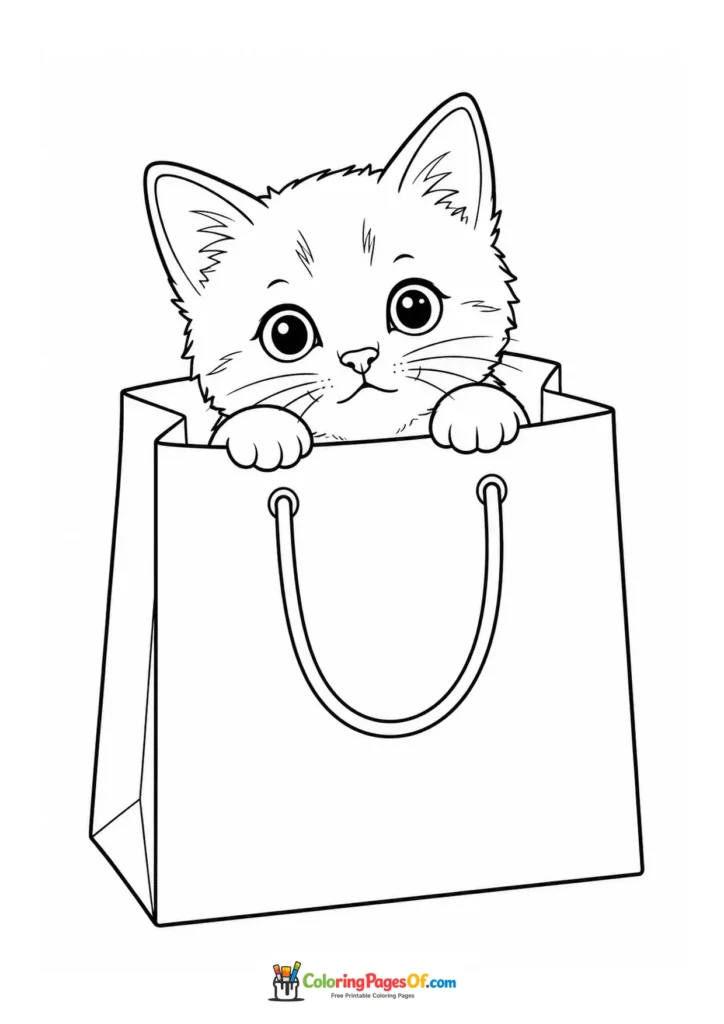 Kitten in a shopping bag – printable black and white coloring page