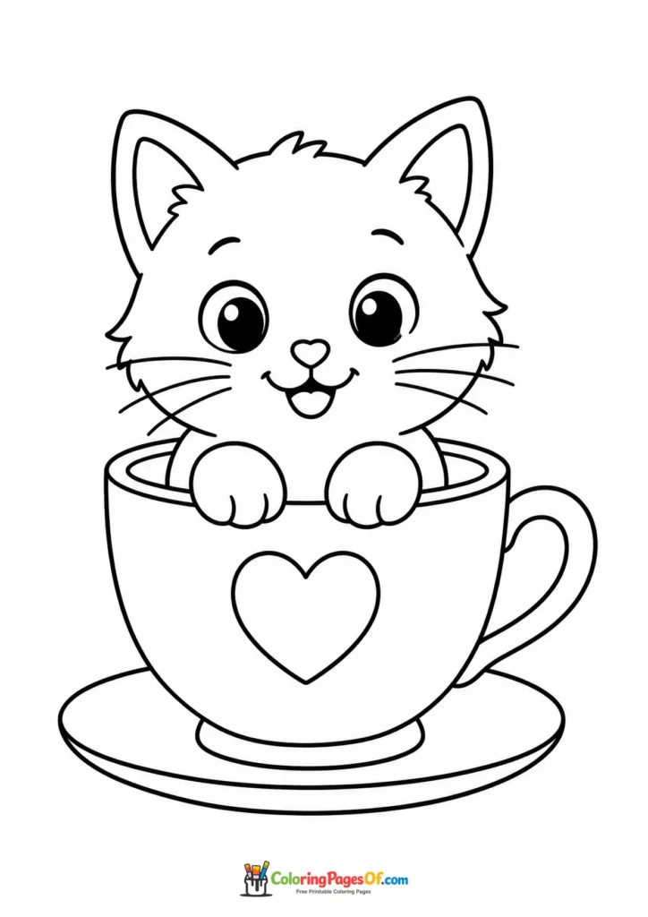 Kitten in a teacup – printable black and white coloring page