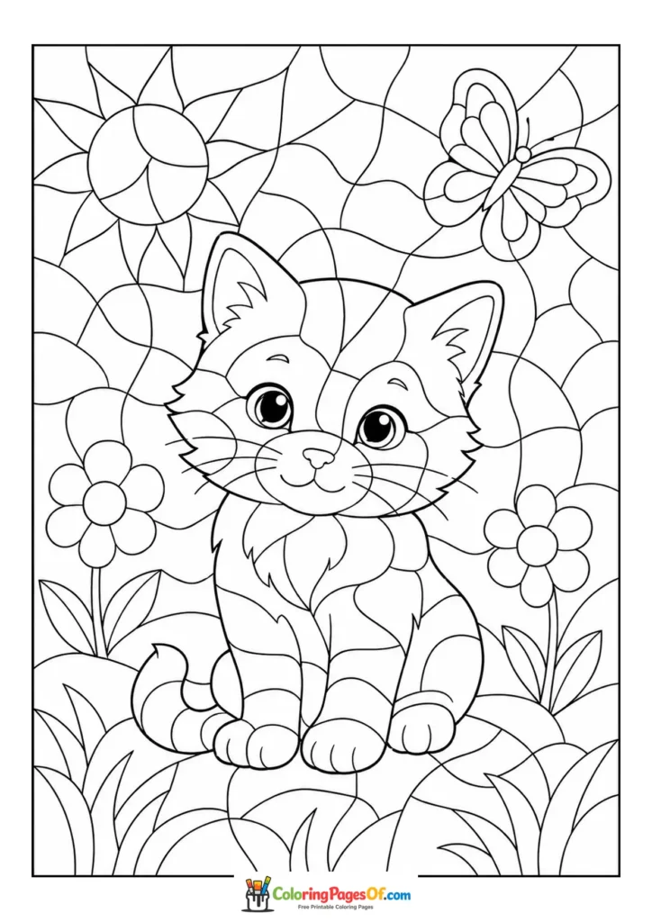 Kitten in Flower Garden color by number coloring page