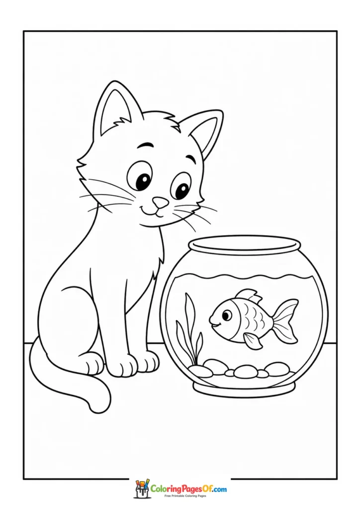 Kitten looking at a fish bowl – printable black and white coloring page