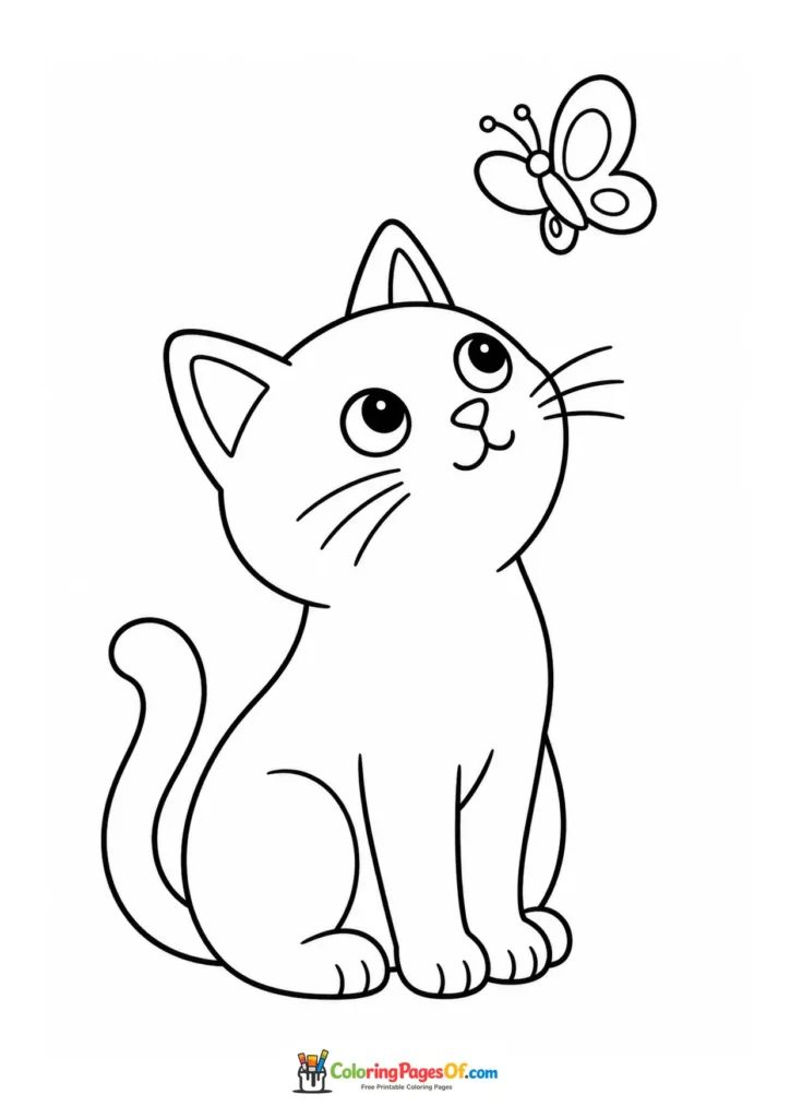 Kitten looking up at a butterfly – printable black and white coloring page