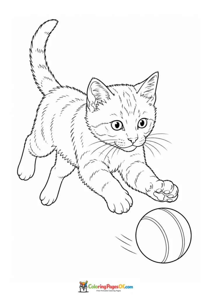 Kitten playing with a ball – printable black and white coloring page