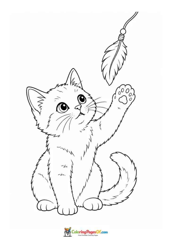 Kitten playing with a feather – printable black and white coloring page