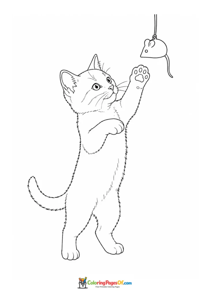 Kitten playing with a toy mouse – printable black and white coloring page