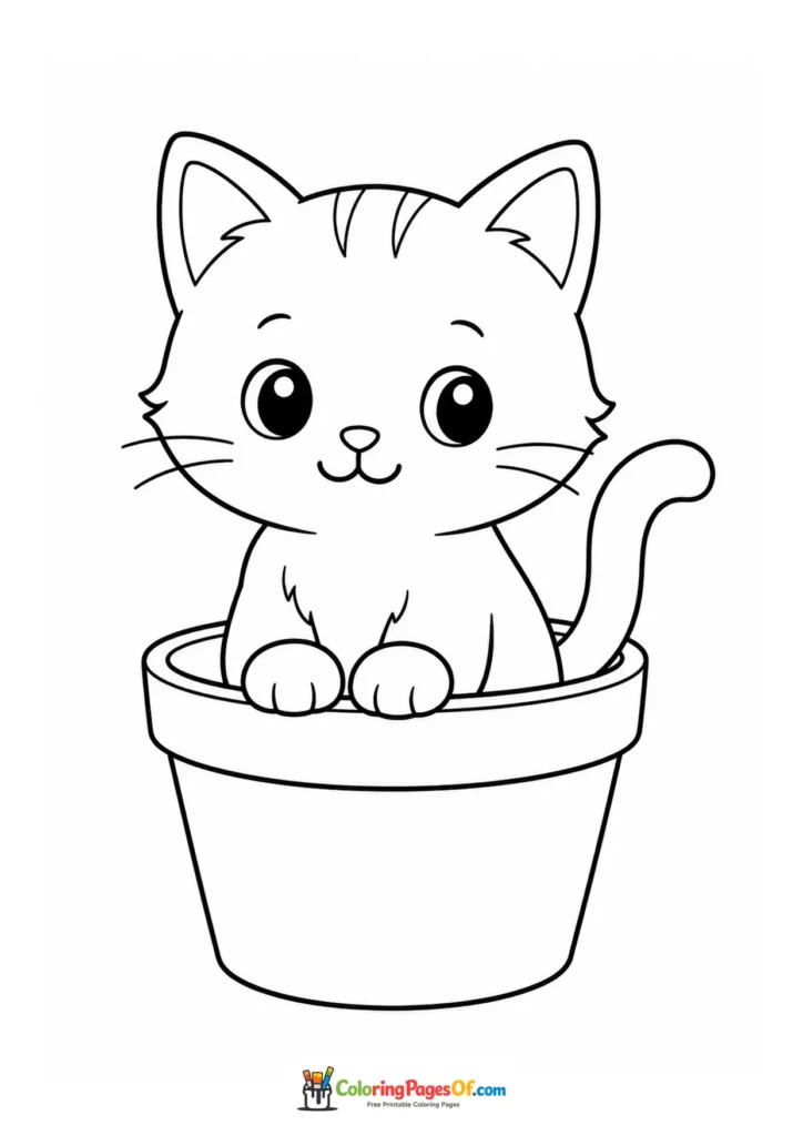 Kitten sitting in a flower pot – printable black and white coloring page