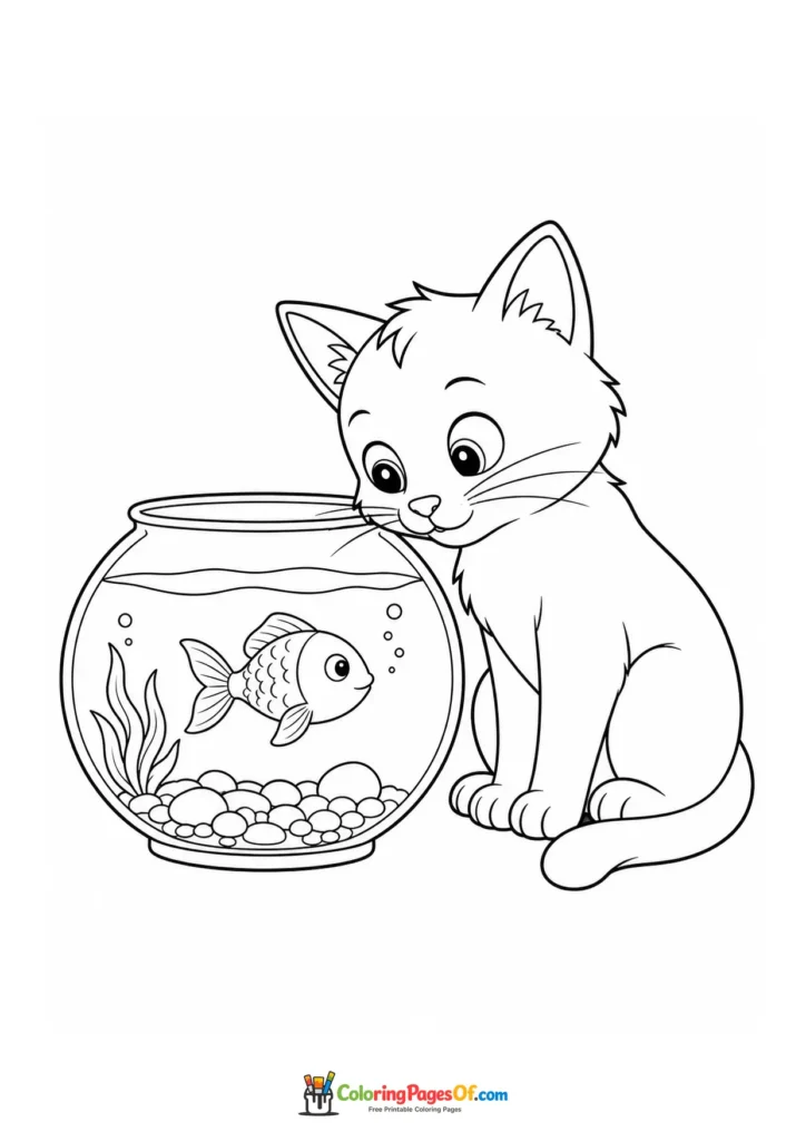 Kitten watching a goldfish in a bowl – printable black and white coloring page