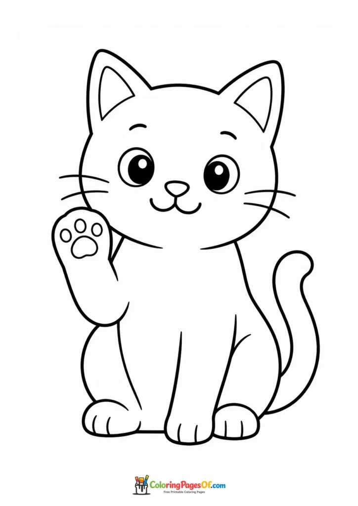 Kitten waving a paw – printable black and white coloring page