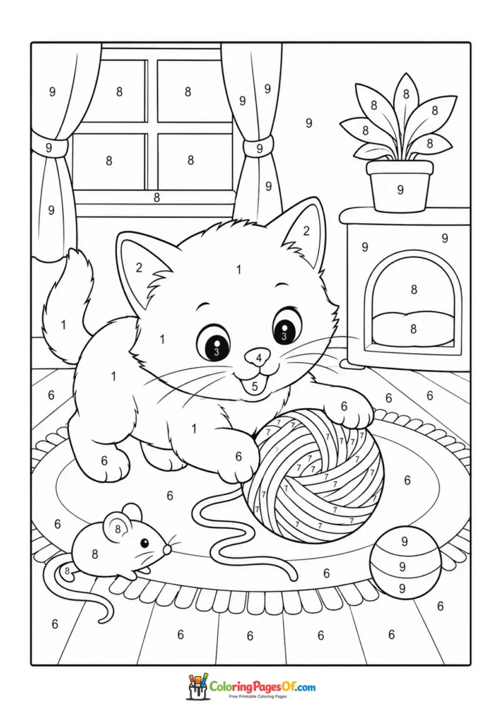 Kitten with Yarn Ball color by number coloring page