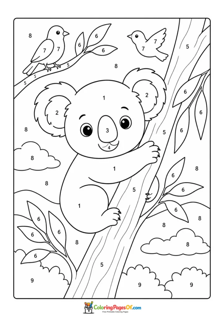 Koala Climbing Eucalyptus Tree color by number coloring page