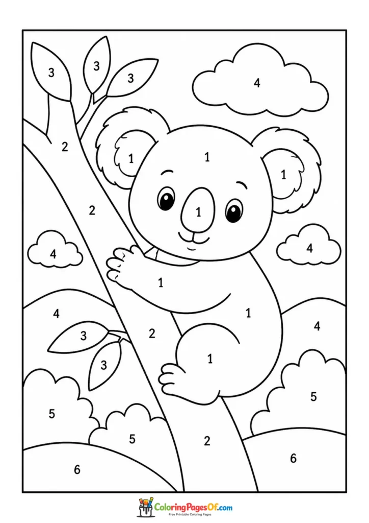 Koala on Tree Branch color by number coloring page