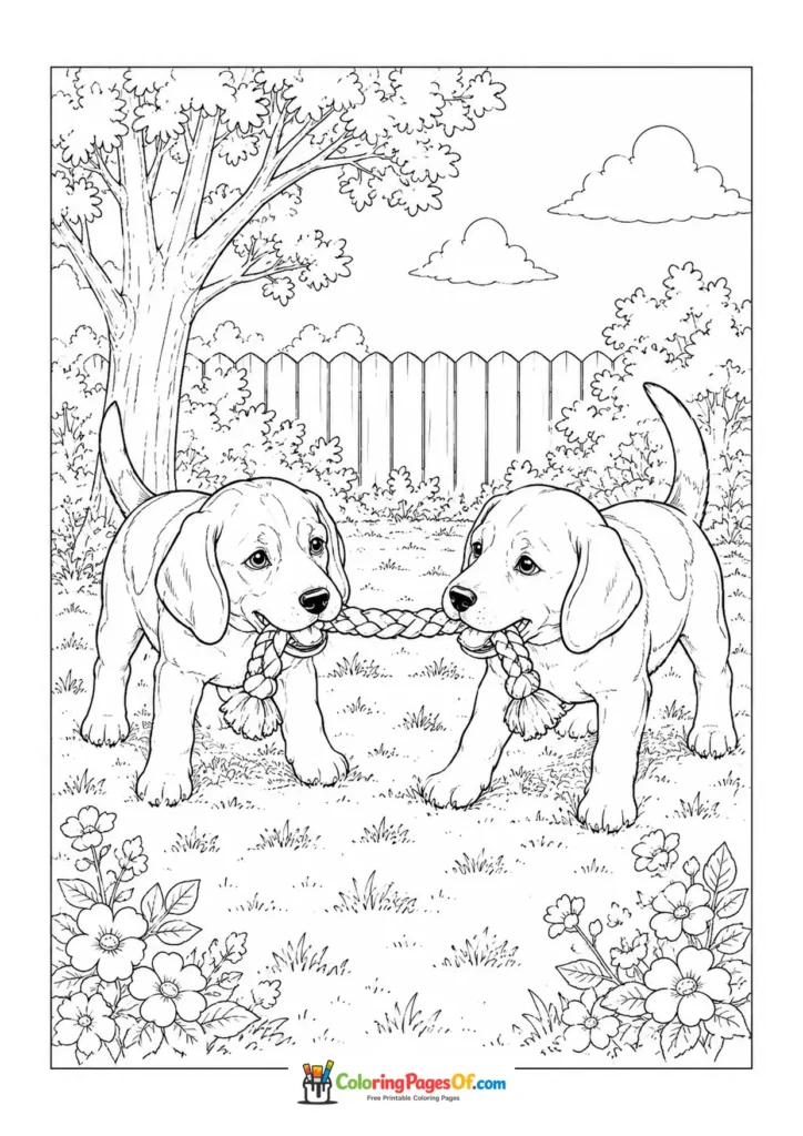 Labrador puppies tugging a rope coloring page