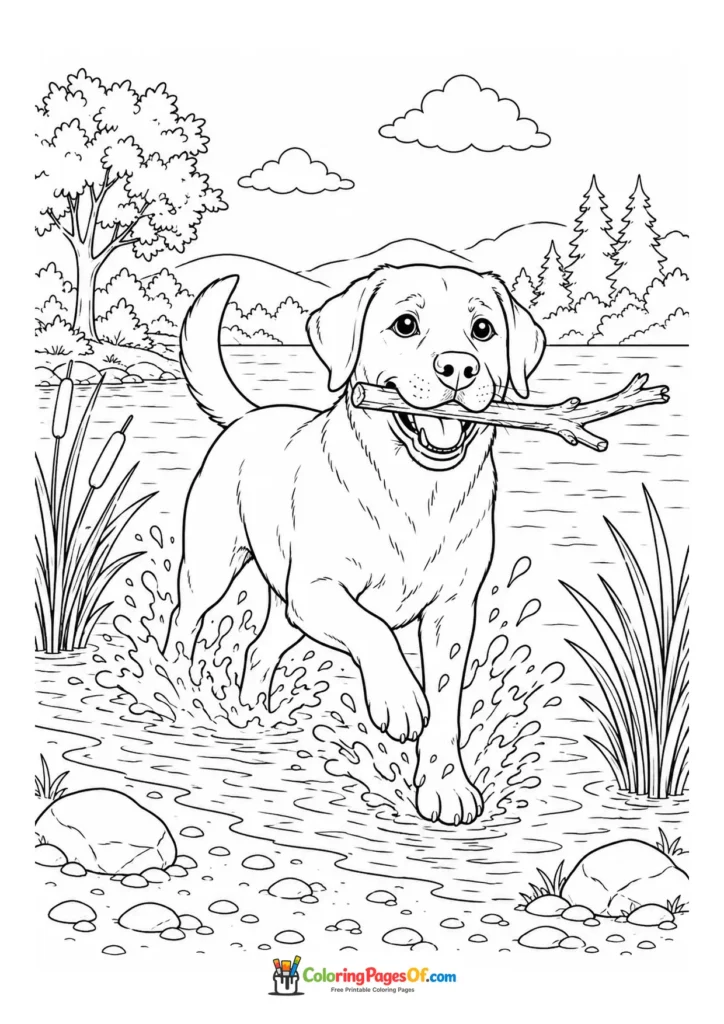 Labrador with a stick in shallow water coloring page