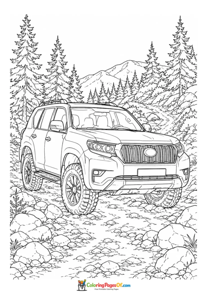 Printable large suv on a rocky mountain trail coloring picture