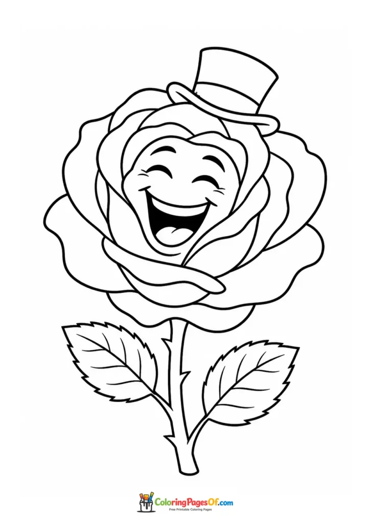 Laughing rose character wearing a small top hat coloring page